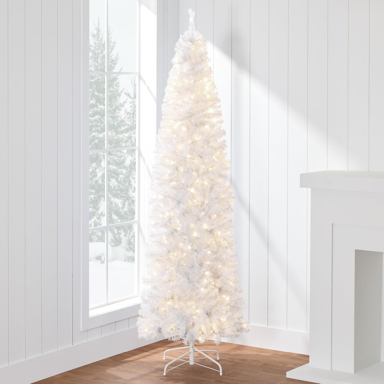 Pencil Artificial Christmas Tree with 300 2-in-1 White LED Lights & Sturdy Metal Base